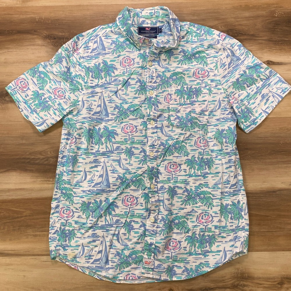 Vineyard Vines Murray Shirt Size M Nautical Sailboat Cotton Slim Fit Blue Multi